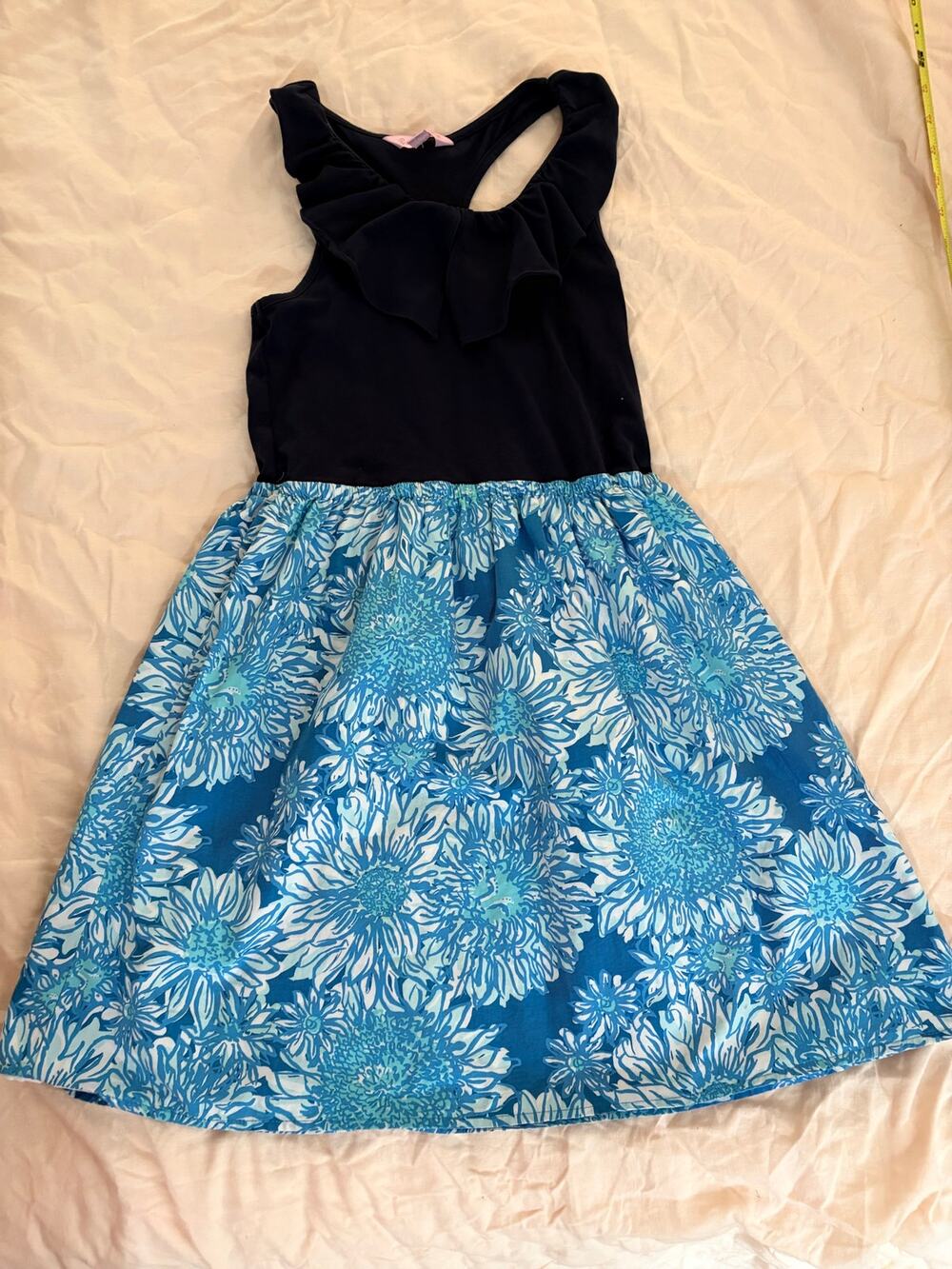 Lilly Pulitzer Floral Knit Dress Ruffle Collar Coastal Prep Blue Cotton Sundress